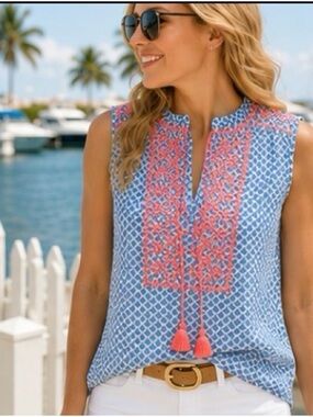 J.Crew Embroidered Tassel Top 4 Coastal Preppy Resort Boho Cotton